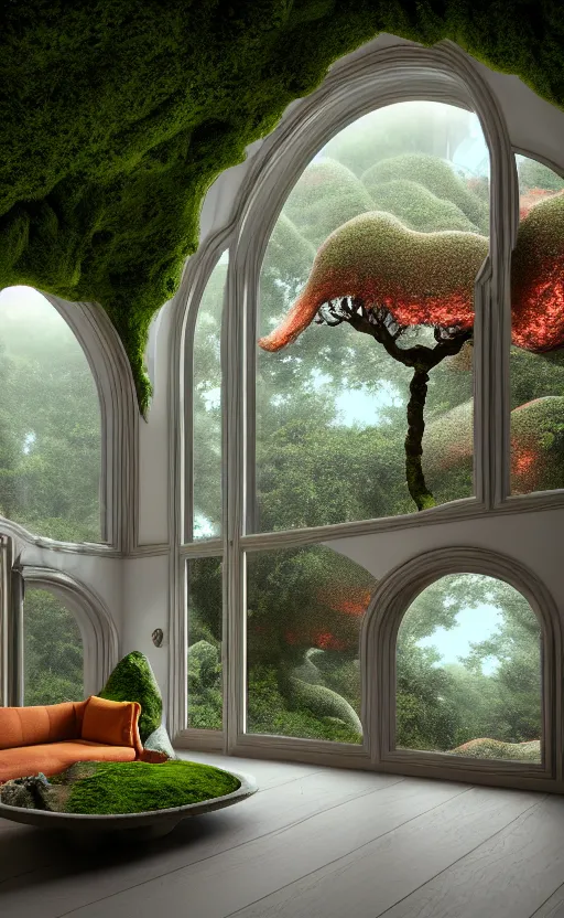 Image similar to highly detailed villa natural beautiful light interior soft cinematic composition of a smooth ceramic porcelain biomorphic magnolia stone nebula fluid sci - fi surreal colorful architecture landscape, furniture, granite, trees, marble, moss, lichen, fungi, vincent callebaut composition, mamou - mani, archviz, 8 k, unreal engine, hdr