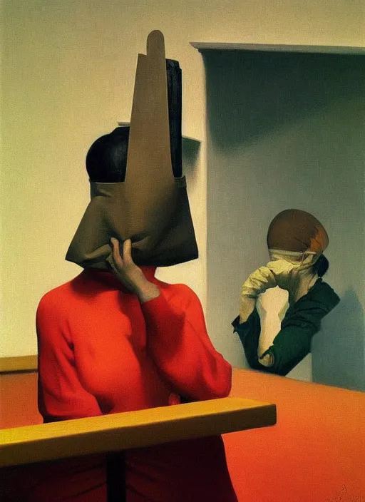 Image similar to woman with a paper bag over the head and a sward at retaurant Edward Hopper and James Gilleard, Zdzislaw Beksinski, Steven Outram highly detailed