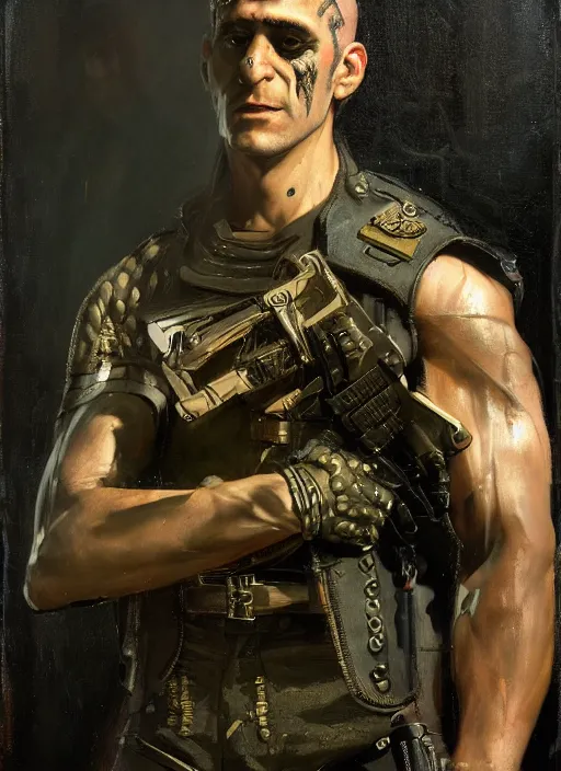 Image similar to frankenstein. cyberpunk mercenary wearing a military vest and combat jumpsuit. (Cyberpunk 2077, bladerunner 2049). Iranian orientalist portrait by john william waterhouse and Edwin Longsden Long and Theodore Ralli and Nasreddine Dinet, oil on canvas. Cinematic, vivid colors, hyper realism, realistic proportions, dramatic lighting, high detail 4k