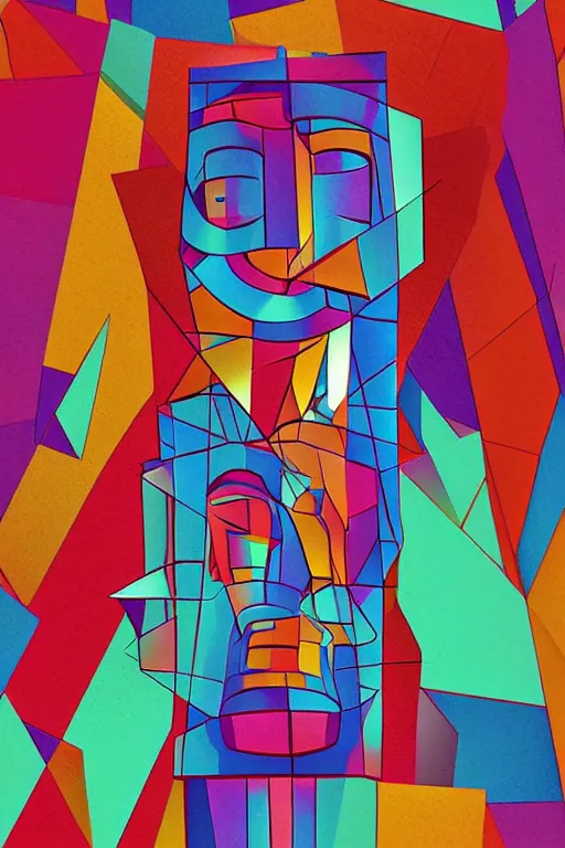 Image similar to abstract cubist moai statue geometric cutout digital illustration cartoon colorful beeple