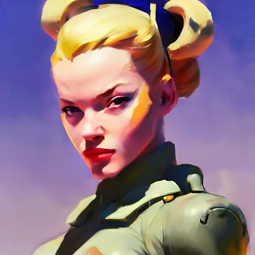 Image similar to Greg Manchess portrait painting of Cammy White as Overwatch character, medium shot, asymmetrical, profile picture, Organic Painting, sunny day, Matte Painting, bold shapes, hard edges, street art, trending on artstation, by Huang Guangjian and Gil Elvgren and Sachin Teng