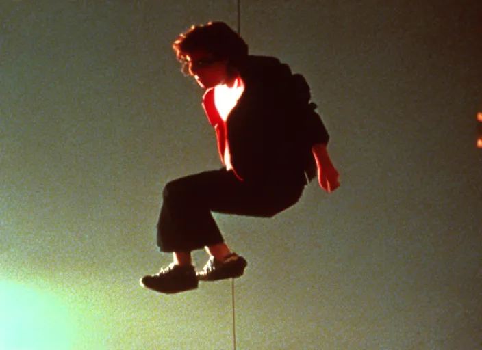 Prompt: a still from the breakfast club ( 1 9 8 5 ) of a man lifelessly floating 9 feet above the ground at night, illuminated by a single red light