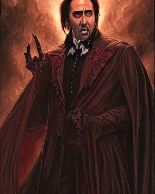 Image similar to nicolas cage as dracula, demonic, highly detailed, centered, artstation, concept art, smooth, sharp focus, illustration, bokeh art by artgerm and donato giancola and joseph christian leyendecker