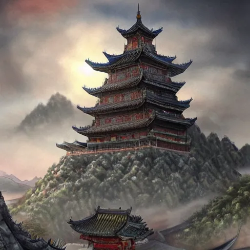 Image similar to dynamic composition, motion, ultra-detailed, incredibly detailed, a lot of details, amazing fine details and brush strokes, colorful and grayish palette, smooth, HD semirealistic anime CG concept art digital painting, watercolor oil painting of epic castle gate, from Three Kingdoms, by a Chinese artist at ArtStation, by Huang Guangjian, Fenghua Zhong, Ruan Jia, Xin Jin and Wei Chang. Realistic artwork of a Chinese videogame, gradients, gentle an harmonic grayish colors.