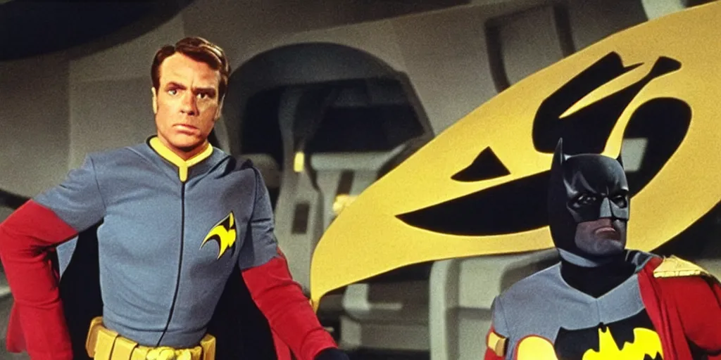 Image similar to Batman, in Starfleet uniform, in the role of Captain Kirk in a scene from Star Trek the original series