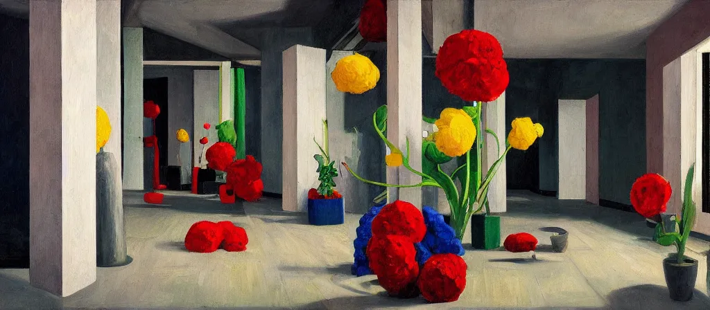 Image similar to colorful minimalist industrial interior hallway with monolithic pillars in the style of ridley scott and stanley kubrick, impossible stijl architecture, bed of flowers on floor, ultra wide angle view, realistic detailed painting by edward hopper