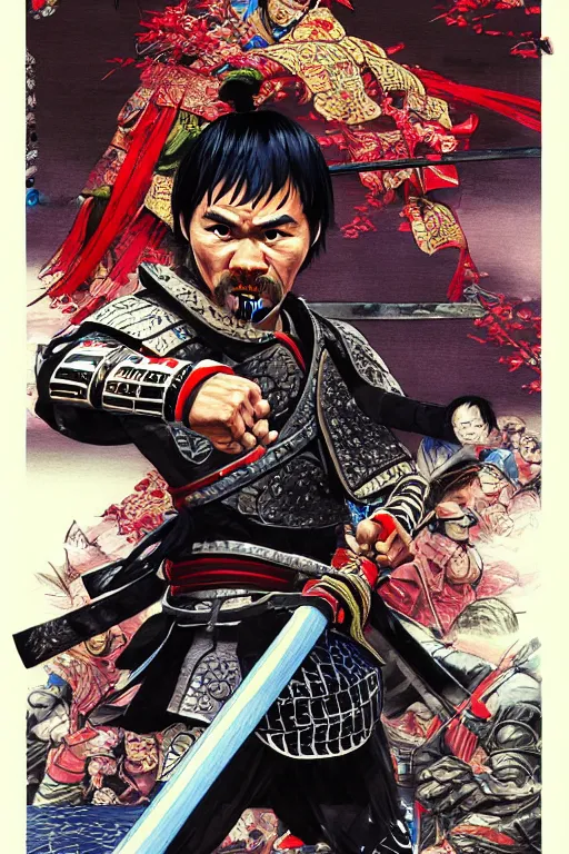 Image similar to poster of manny pacquiao as a samurai, wearing sengoku - era shogunate armor, by yoichi hatakenaka, masamune shirow, josan gonzales and dan mumford, ayami kojima, takato yamamoto, barclay shaw, karol bak, yukito kishiro