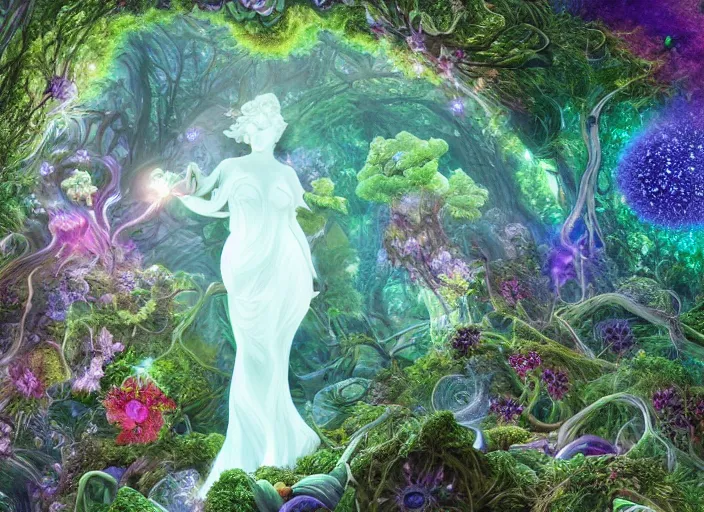 Image similar to glowing delicate flower and mushrooms that grow in a dark fatansy forest on the planet Pandora, an idealistic marble statue with fractal flowery hair in a fractal garden,