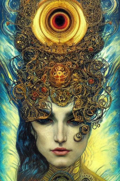 Image similar to Divine Chaos Engine by Karol Bak, Jean Deville, Gustav Klimt, and Vincent Van Gogh, beautiful visionary mystical portrait, sacred, otherworldly, fractal structures, ornate gilded medieval icon, third eye, spirals