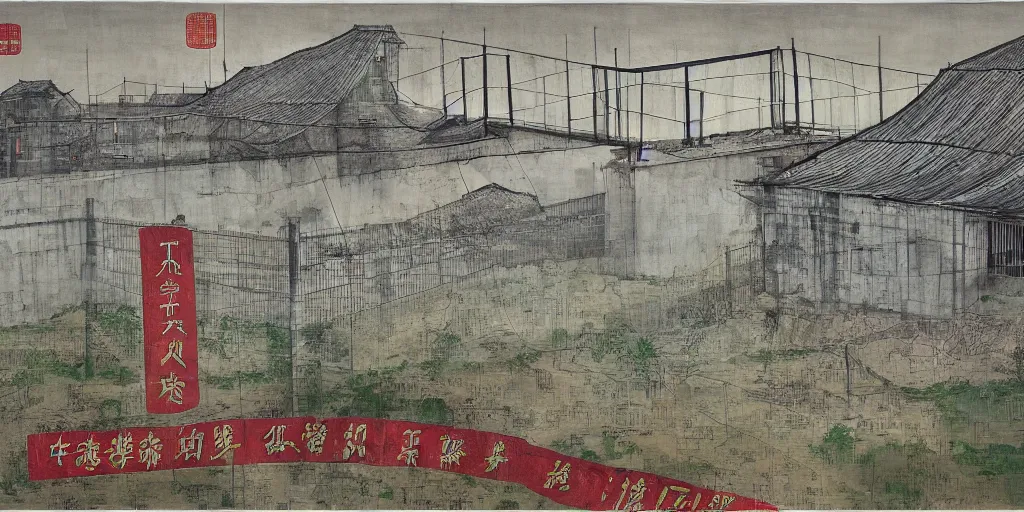 Image similar to a chinese prison near a river by peter doig, overlaid with chinese adverts