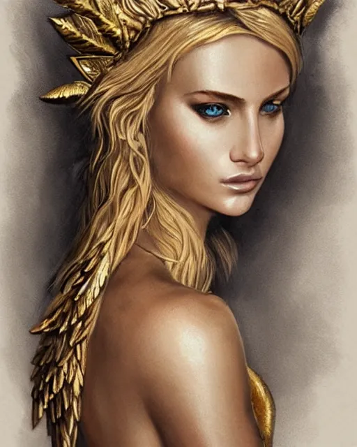 Image similar to tattoo sketch of hot blonde super model as aphrodite greek goddess wearing a gold laurel wreath and triangle earrings, beautiful piercing gaze with sharp pupils, in the style of greg rutkowski, fantasy, amazing detail, epic, elegant, smooth, sharp focus, front view