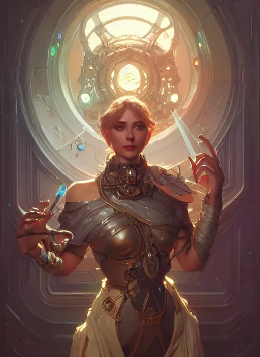 Image similar to beautiful gynoid, d & d, fantasy, intricate, elegant, highly detailed, digital painting, artstation, concept art, matte, sharp focus, illustration, hearthstone, art by artgerm and greg rutkowski and alphonse mucha