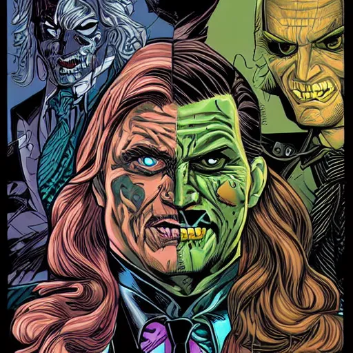 Image similar to two face with long hair, batman villian. Artwork by Dan Mumford