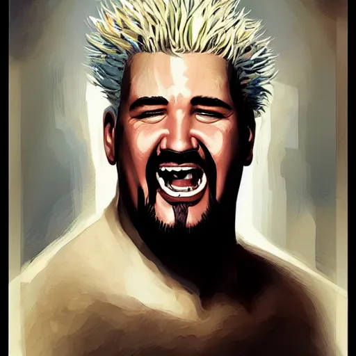 Image similar to a beautiful portrait of guy fieri with no teeth, toothless, gums!!! by greg rutkowski and bill sienkiewicz trending on artstation