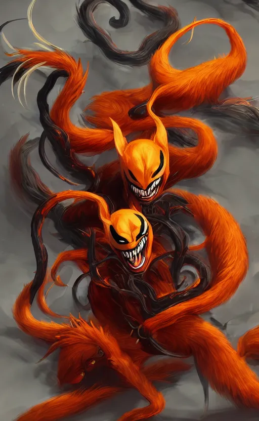 Image similar to venom as the nine tailed fox, kurama, dynamic lighting, photorealistic dark fantasy concept art, trending on art station, stunning visuals, creative, cinematic, ultra detailed