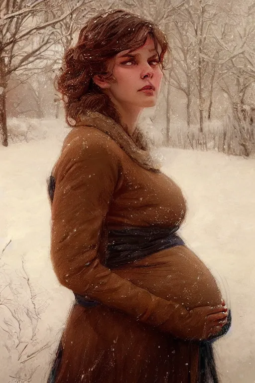 Prompt: portrait of a pregnant woman in the besieged Leningrad in winter, digital painting, trending on artstation, concept art, sharp focus, illustration by Gaston Bussiere and artgerm