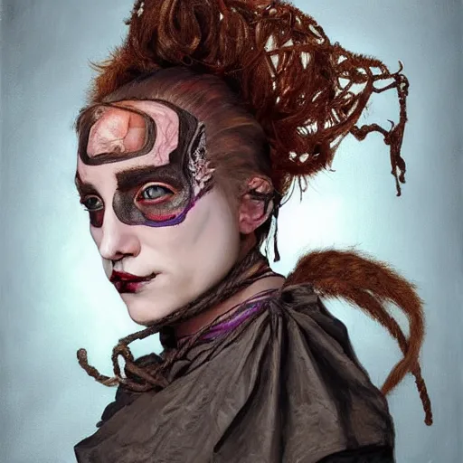 Image similar to portrait of a Shibari rope wrapped face and neck, headshot, insanely nice professional hair style, dramatic hair color, face paint half and half, digital painting, of a old 15th century, old cyborg merchant, amber jewels, baroque, ornate clothing, scifi, realistic, hyperdetailed, chiaroscuro, concept art, art by Franz Hals and Jon Foster and Ayami Kojima and Amano and Karol Bak,