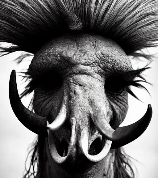 Prompt: Award winning Editorial up-angled photograph of Early-medieval Scandinavian Folk ostrich Baring its teeth with incredible hair by Lee Jeffries and David Bailey, 85mm ND 4, perfect lighting, a heart-shaped birthmark on the forehead, dramatic highlights, wearing traditional garb, With very huge sharp jagged Tusks and sharp horns, gelatin silver process