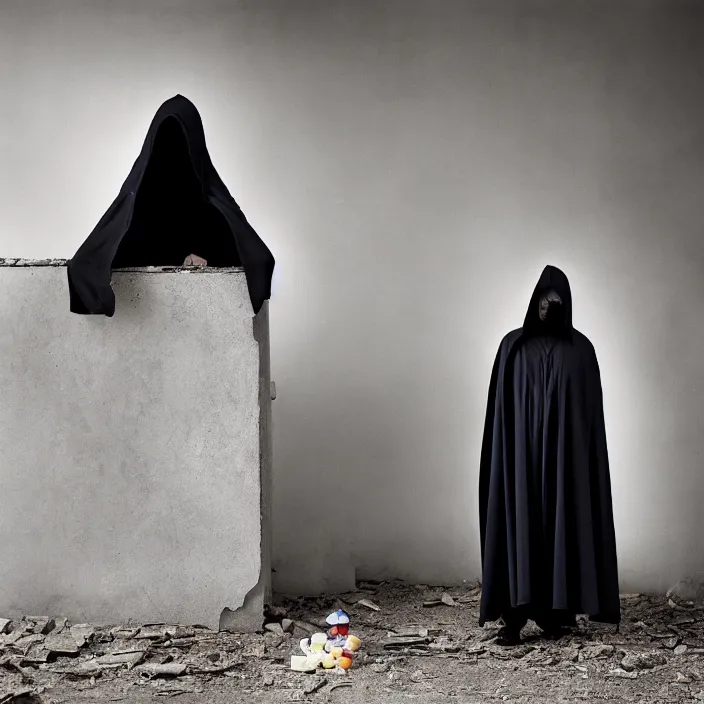 Image similar to closeup portrait of a cloaked hooded figure holding candy, standing in a desolate abandoned house, by Annie Leibovitz and Steve McCurry, natural light, detailed face, CANON Eos C300, ƒ1.8, 35mm, 8K, medium-format print