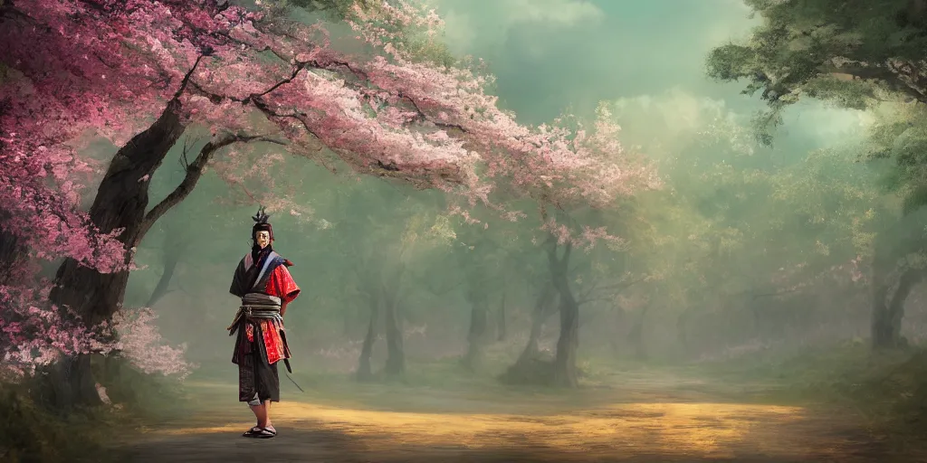 Image similar to a samurai standing on a ancient road with cherry blossom trees in the background, digital art, 4K