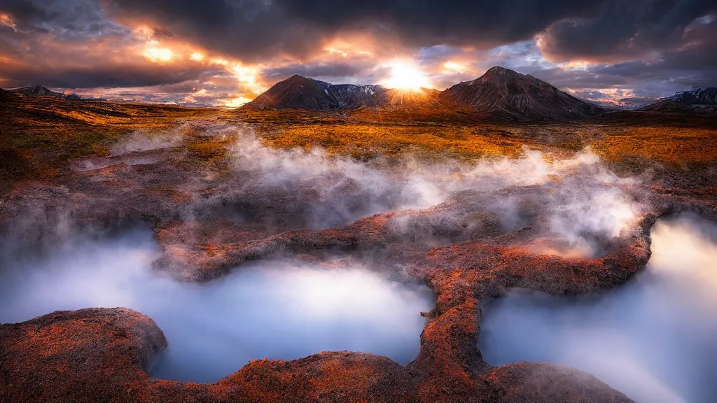 Image similar to amazing landscape photo of natural hot springs by marc adamus, beautiful dramatic lighting