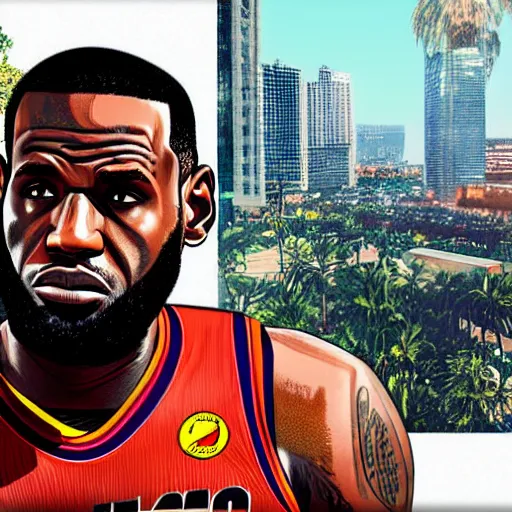 Prompt: lebron james as gta v cover art, sharp details, sharp focus