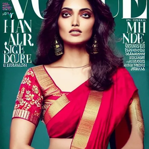 Image similar to a hot girl in a saree Vogue magazine cover photo