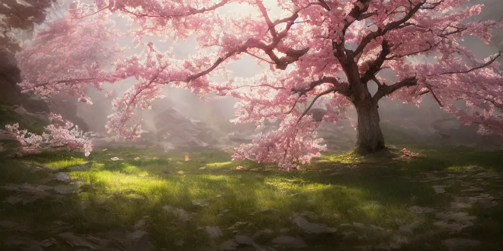 Prompt: a sakura tree, detailed oil painting, cinematic angle, hyperrealistic, breathtaking, cinematic lighting, dynamic, Studio Ghibli, digital art, octane render, epic composition, trending on artstation, masterpiece