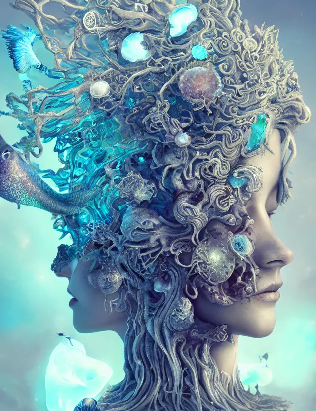 Image similar to goddess macro close - up portrait wigh crown made of ram skull. betta fish, jellyfish phoenix, bioluminiscent, plasma, ice, water, wind, creature, super intricate ornaments artwork by tooth wu and wlop and beeple and greg rutkowski