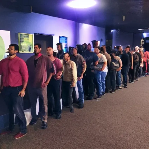 Prompt: legion of likeminded individuals standing in a line to the movie