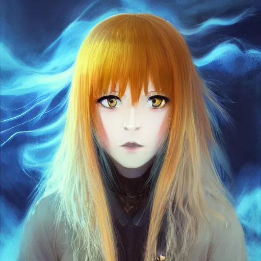 Prompt: rimuru tempest from tensura playing chess, with amber eyes of golden colored eyes, straight hair, sky blue hair, long bangs, high collar, concept art, award winning photography, turbulence, ripples, trails, wispy, scratchy, digital painting, cinematic, wlop, 8 k, by ross tran, tom bagshaw, andy warhol