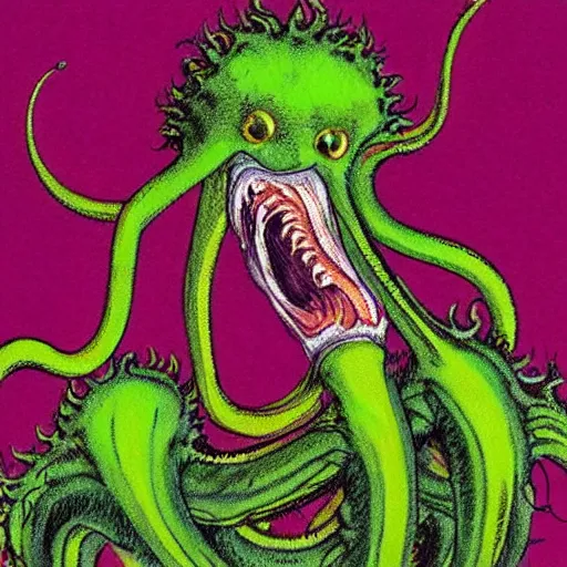 Image similar to a 1982 color anatomy illustration sketch depicting a symmetrical dissection of a dangerous shape shifting alien creaturing spewing long worm-like spiney tendrils out of its snarling mouth, the tendrils in the style of The Thing 1982