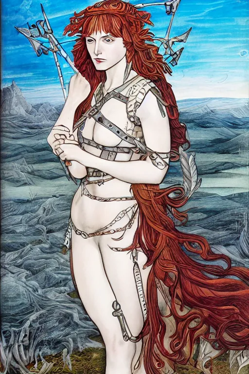 Image similar to boudica the barbarian queen, in a mixed style of Botticelli and Æon Flux, inspired by pre-raphaelite paintings and shoujo manga, a misty moor landscape in the background, hyper detailed, stunning inking lines, flat colors, 4K photorealistic