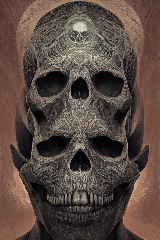 Image similar to skull concept art, the skull is decorated with art deco patterns, close - up portrait, powerfull, intricate, elegant, volumetric lighting, scenery, digital painting, highly detailed, artstation, sharp focus, illustration, concept art, ruan jia, steve mccurry, beksinski