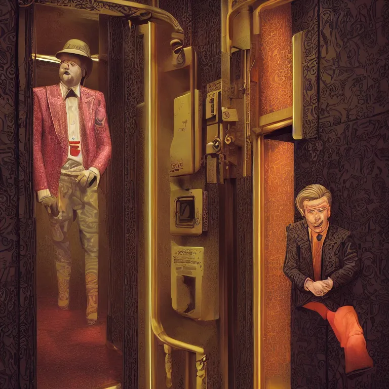 Image similar to vpgue octane render portrait by wayne barlow and carlo crivelli and glenn fabry, a sinister man in a bright colorful patterned pastel wes anderson elevator operator costume inside a dark and moody vintage elevator in a high - end exotic vintage boutique hotel, very short depth of field, bokeh