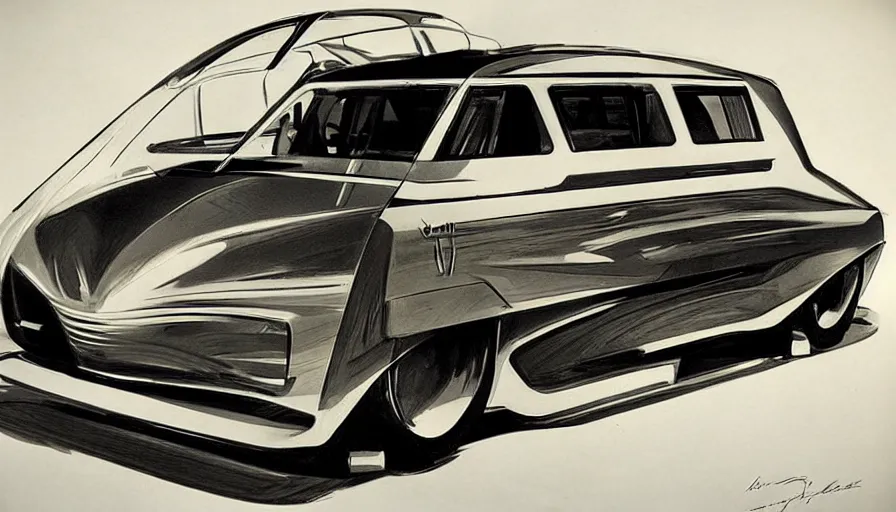 Prompt: 1955 concept drawing my Syd Mead of a futuristic van, catalog print