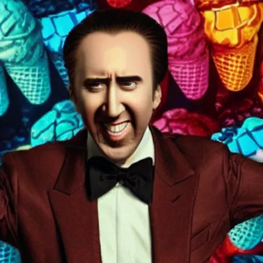 Image similar to nic cage excited about eating colorful ice creams