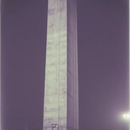 Prompt: wide and tall massive concrete tower reaching into the fog, expired film, old polaroid, night, megalophobia, next to a road,