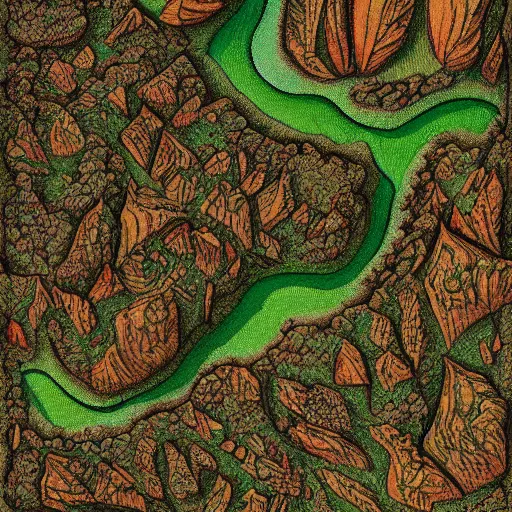 Image similar to a view of a forest on a topographical map painted in the style of michael menzel