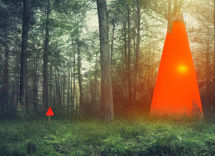 Image similar to a forest with an orange cone scattered about, cinematic photo, atomspheric lighting, 2 4 mm lens, unreal, octane render, detaileld sharp, masterpiece, dynamic, surreal