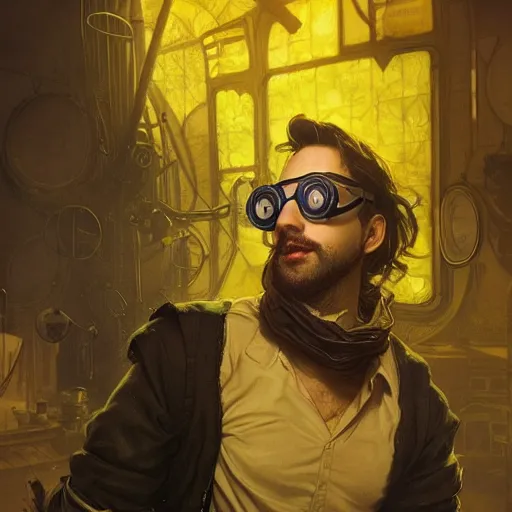 Prompt: an inventor, goggles, thin beard, messy black hair, d & d, yellow background, fantasy, intricate, cinematic lighting, highly detailed, digital painting, artstation, concept art, smooth, sharp focus, illustration, art by artgerm and greg rutkowski and alphonse mucha