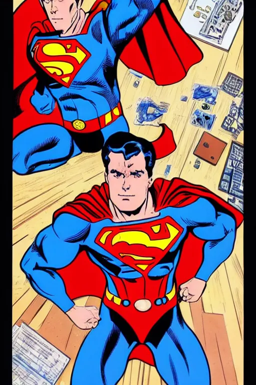 Image similar to a mechanical superman being activated in a top secret government lab, in the style of neal adams