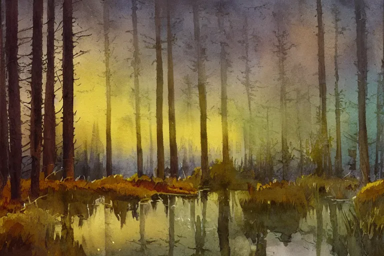 Prompt: small centered on watercolor paper, paint brush strokes, abstract watercolor painting of golden night at mini lake, heavy pine forest, swedish bog, spring and autumn, sharp lighting, cinematic light, american romanticism by hans dahl, by jesper ejsing, by anders zorn, by greg rutkowski, by greg manchess, by tyler edlin