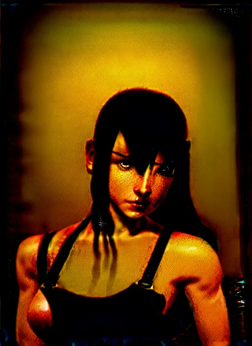 Prompt: bemused to be locked in a leather neck restraint, Tifa Lockhart in a black silk tank top in a full frame zoom up of her face and neck, looking upwards in a room of old ticking clocks, complex artistic color ink pen sketch illustration, subtle detailing, gentle shadowing, fully immersive reflections in her eyes, concept art by Artgerm and Range Murata in collaboration.
