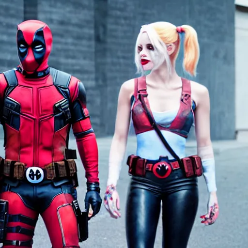 Image similar to film still, Harley Quinn and Deadpool