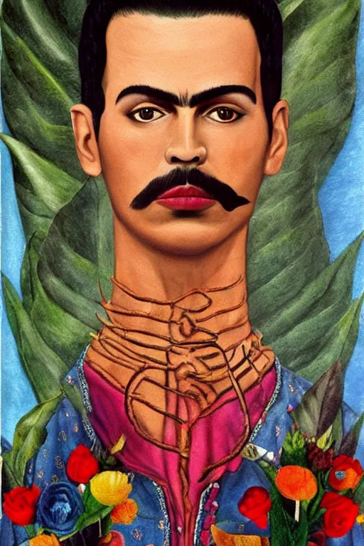 Image similar to Freddy mercury in Frida Kahlo painting style
