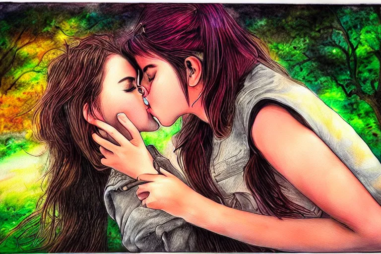 Image similar to girl kiss, fantasy, pen painting, ultra realistic!!!, hdr, clear weather, golden hour, sharp focus