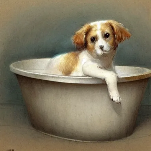 Image similar to ( ( ( ( ( cute dog inside a bathtub. muted colors. ) ) ) ) ) by jean - baptiste monge!!!!!!!!!!!!!!!!!!!!!!!!!!!