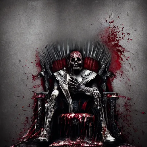 Prompt: the king of death, sitting on throne, blood splatters, shadows, hyperrealistic, dead bodies in the background, high resolution, 8 k