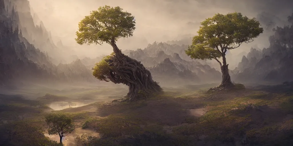 Image similar to beautiful aesthetic digital illustration of an esoteric landscape with a giant Tree of life by wlop and Julia Razumova, realistic, photorealistic, hyperrealistic, unreal engine, octane, deviantArt, trending on artstation, artstation HQ